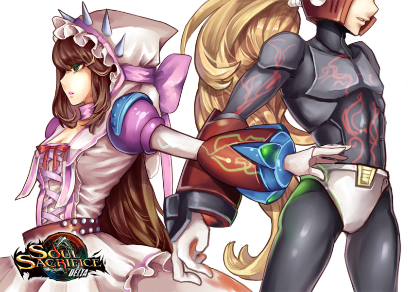 1boy akai_sashimi alternate_costume android belt blonde_hair breasts brown_hair cleavage cosplay ct_wind dress dress_bow female green_eyes hood hooded_dress iris_(rockman_x) logo long_hair medium_breasts outstretched_arm ponytail profil rockman rockman_x smile soul_sacrifice spiked_hood very_long_hair white_background white_gloves zero_(rockman)