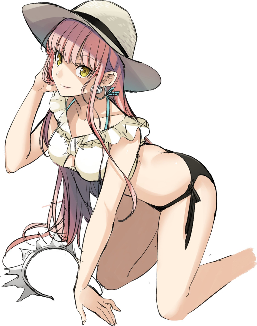 adjusting_hair bent_over black_bikini_bottom butt_crack casual center_opening closed_mouth collarbone earrings fate/grand_order fate_(series) fedora frills hair_ornament_removed hairband hat highres jewelry long_hair medb_(fate)_(all) medb_(fate/grand_order) pink_hair shimo_(s_kaminaka) solo white_background yellow_eyes