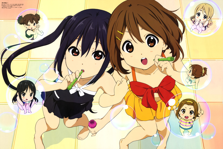 6+girls absurdres akiyama_mio barefoot bikini bikini_skirt black_bikini black_hair black_one-piece_swimsuit blonde_hair blowing_bubbles blue_bikini blue_eyes blush blush_stickers brown_eyes brown_hair collarbone crop_top diagonal-striped_bikini diagonal-striped_clothes diagonal_stripes front-tie_bikini_top front-tie_top green_bikini hair_between_eyes hair_ornament hair_ribbon hairband hairclip hands_on_own_chin highres hirasawa_ui hirasawa_yui horiguchi_yukiko in_bubble k-on! kotobuki_tsumugi light_brown_hair locked_arms long_hair looking_at_another looking_at_viewer magazine_request magazine_scan mismatched_bikini multicolored_bikini multicolored_clothes multiple_girls nakano_azusa official_art one-piece_swimsuit one_eye_closed open_mouth orange_bikini pigeon-toed ponytail print_shirt red_bikini red_eyes ribbon round_teeth scan seiza shirt short_hair short_twintails sitting smile star_(symbol) star_print striped_clothes striped_shirt suzuki_jun swimsuit tainaka_ritsu teeth thick_eyebrows tongue twintails two-tone_bikini v white_bikini yellow_eyes yellow_hairband yellow_ribbon