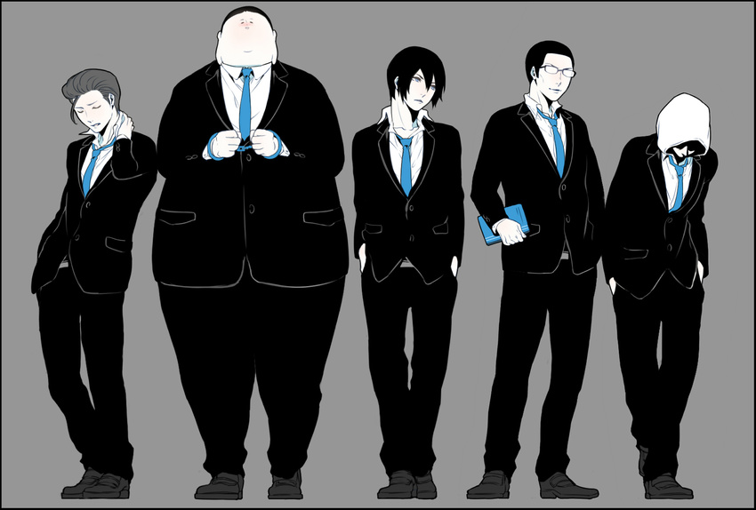 5boys andou_reiji asarai bad_id bad_pixiv_id black_hair blazer closed_eyes closed_mouth cuffs fat formal framed fujino_kiyoshi glasses hair_between_eyes hair_slicked_back hand_on_own_neck hand_up handcuffs hands_in_pockets hands_up high_collar hood jacket lineup loose_necktie morokuzu_takehito multiple_boys necktie nezu_jouji open_collar pants prison_school shoes standing suit wakamoto_shingo wide_hips