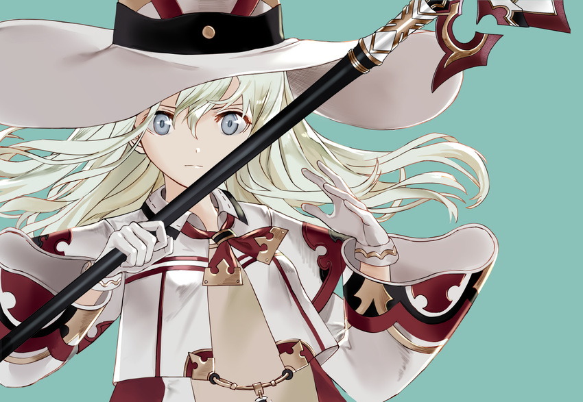 alternate_costume alternate_headwear blonde_hair blue_eyes commentary cosplay cropped_jacket female final_fantasy gloves hair_between_eyes hat holding holding_staff kantai_collection long_hair long_sleeves looking_at_viewer luicent simple_background solo staff u-511_(kancolle) white_gloves white_mage_(final_fantasy) white_mage_(final_fantasy)_(cosplay) witch_hat