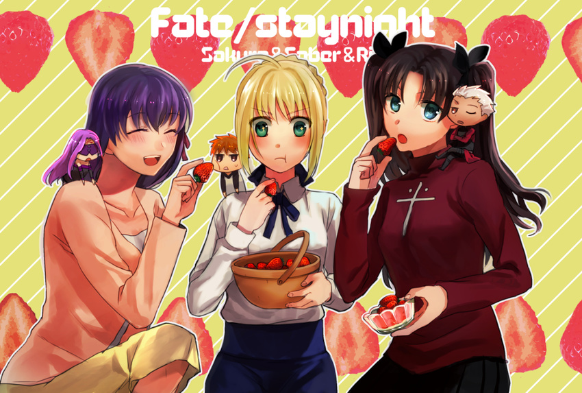 2boys 4girls :d :o :t ^_^ ahoge archer_(fate) artoria_pendragon_(fate) basket blindfold blonde_hair blue_eyes blush brown_eyes brown_hair casual character_name chibi closed_eyes commentary_request copyright_name eating emiya_shirou facial_mark fate/stay_night fate_(series) feeding food forehead_mark fruit green_eyes hair_ribbon long_hair matou_sakura medusa_(fate) medusa_(rider)_(fate) multiple_boys multiple_girls open_mouth orange_hair purple_hair ribbon saber_(fate) skirt smile sparkling_daydream strawberry takeshi_kai tohsaka_rin two_side_up white_hair