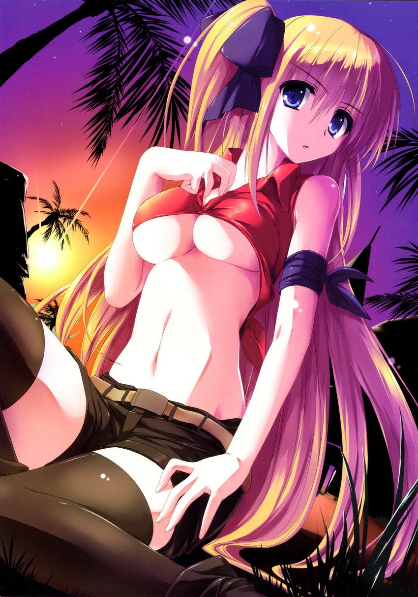 absurdres black_legwear blonde_hair blue_eyes breasts coconut_tree dengeki_moeou duplicate female female highres long_hair palm_tree shirt short_shorts shorts sitting sleeveless sleeveless_shirt solo sunset thighhighs tied_shirt tree tsukinon underboob very_long_hair zettai_ryouiki