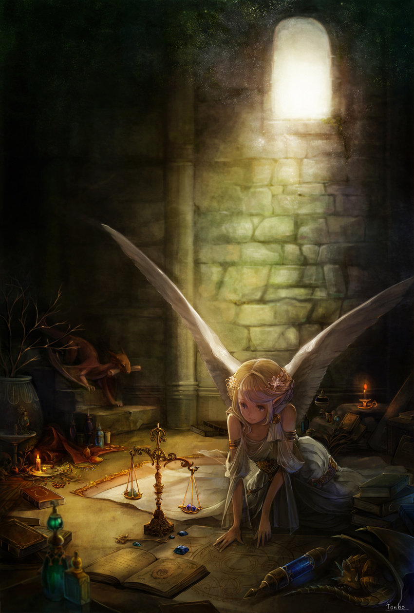 absurdres aka_tonbo_(lovetow) angel_wings armlet artist_name bare_shoulders blonde_hair book braid candle commentary_request dark dragon dress fantasy female gem highres indoors light light_particles long_hair mouth_hold paper photoshop_(medium) pixiv_fantasia pixiv_fantasia_fallen_kings pointy_ears purple_eyes smile solo tiara vase vial white_dress window wings