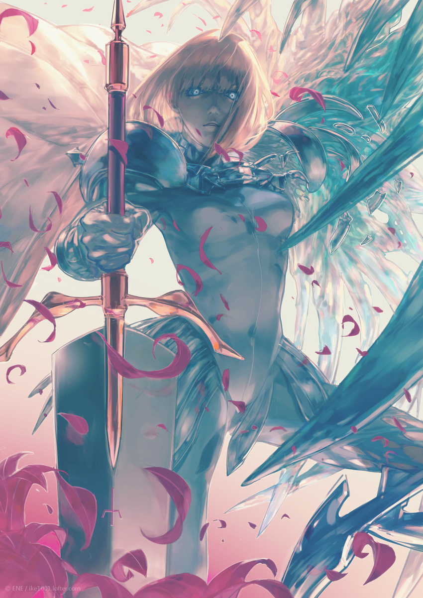 armor blonde_hair blunt_bangs breasts clare_(claymore) claymore_(series) commentary_request covered_navel ene_(ike1001) female glaring grey_eyes highres huge_weapon looking_at_viewer medium_breasts pauldrons short_hair shoulder_armor solo sword weapon