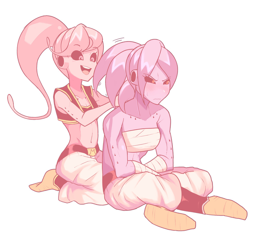 2girls antennae black_sclera colored_sclera colored_skin commentary dragon_ball dragon_ball_xenoverse english_commentary female_majin highres midriff multiple_girls navel open_mouth pink_eyes pink_hair pink_skin sally_(luna-arts) sarashi seiza sitting smile sweatdrop toned tying_hair vest