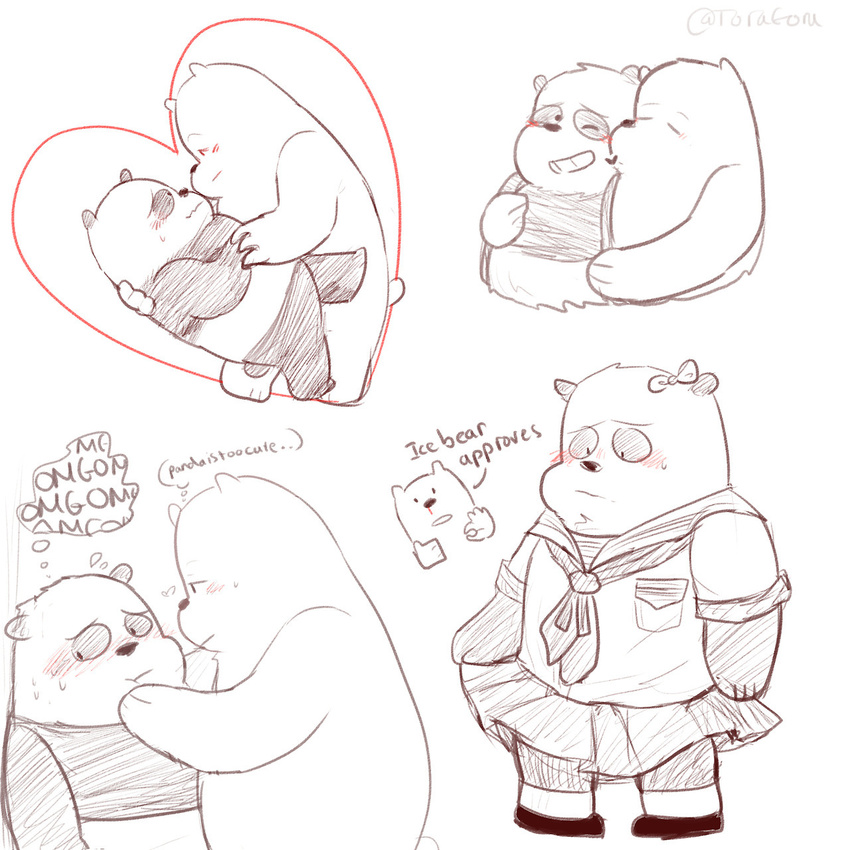 1:1 2017 asian_clothing bear blush cartoon_network clothed clothing crossdressing dialogue dip_(dance) duo east_asian_clothing english_text femboy giant_panda hand_on_face heart_symbol hi_res hug ice_bear_(we_bare_bears) japanese_clothing japanese_school_uniform kissing male male/male mammal overweight panda_(we_bare_bears) polar_bear pseudo_incest_(lore) school_uniform serafuku simple_background text thought_bubble toragoru uniform ursine we_bare_bears white_background