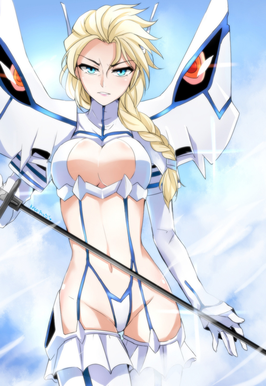 bad_id bad_pixiv_id biting_own_lip blonde_hair blue_eyes boots braid breasts cleavage cleavage_cutout clothing_cutout commentary_request cosplay elsa_(frozen) female frozen_(disney) garter_straps hair_ornament hair_over_shoulder hairclip highres junketsu kago-tan katana kill_la_kill kiryuuin_satsuki kiryuuin_satsuki_(cosplay) large_breasts long_hair looking_at_viewer navel photoshop_(medium) revealing_clothes single_braid solo suspenders sword thigh_boots thigh_gap thighhighs tsurime vector_trace weapon