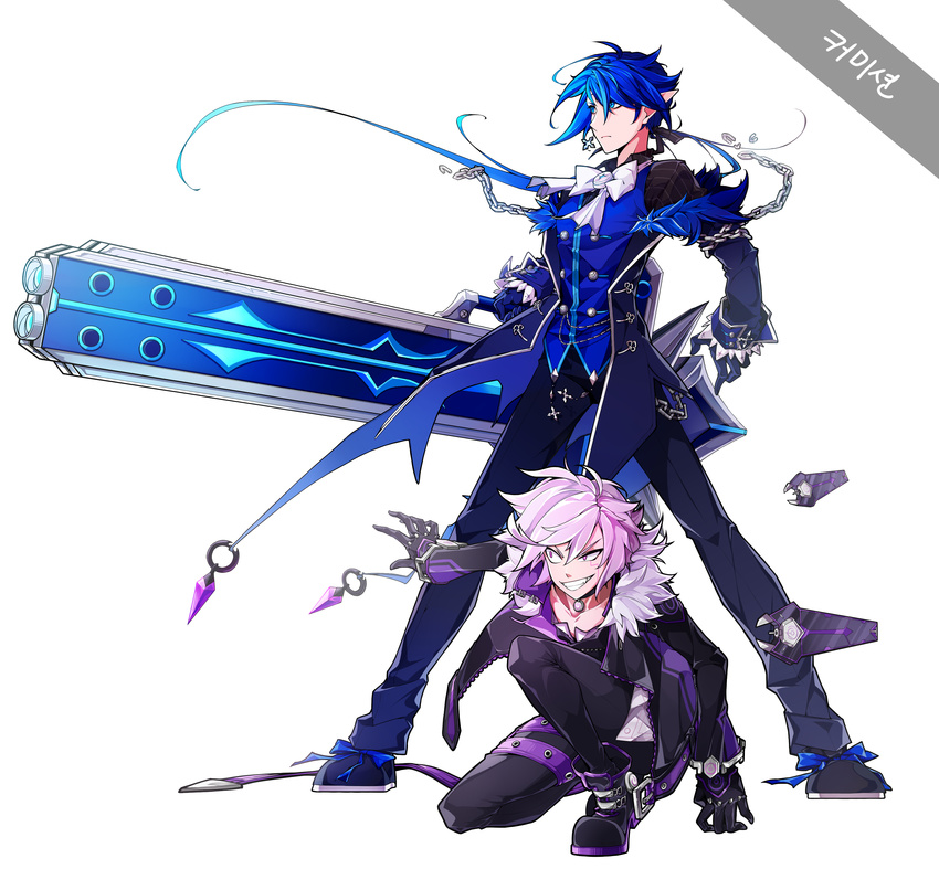 2boys absurdres add_(elsword) bad_id bad_pixiv_id black_footwear black_gloves black_pants blue_eyes blue_hair bow bowtie chains ciel_(elsword) dark_blue_hair elsword full_body gloves grin highres huge_weapon jacket light_purple_hair long_hair male_focus multicolored_hair multiple_boys pants ponytail psychic_tracer_(elsword) purple_eyes quai_(hbee) royal_guard_(elsword) serious shoes smile squatting standing weapon white_background white_bow white_hair