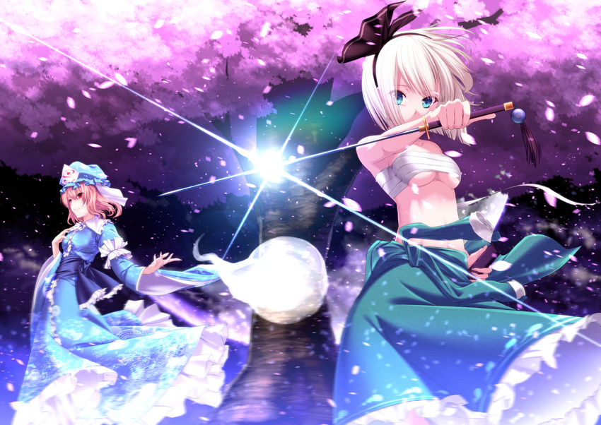 2girls aono_meri bad_id bad_pixiv_id bandages bare_shoulders blue_dress blue_eyes breasts budget_sarashi cherry_blossoms chest_sarashi clothes_around_waist dress dual_wielding hairband hand_on_own_chest hat highres holding holding_weapon katana konpaku_youmu konpaku_youmu_(ghost) looking_at_viewer medium_breasts midriff multiple_girls no_shirt outstretched_arm petals pink_hair red_eyes saigyouji_yuyuko sarashi short_hair sparkle sword touhou tree underboob weapon white_hair wide_sleeves