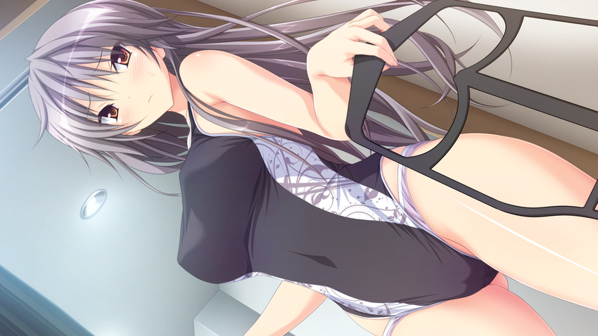 blush breasts brown_eyes curtains embarrassed female game_cg grey_hair hapymaher:_fragmentation_dream highres koku large_breasts legs long_hair looking_at_viewer naitou_tooru panties solo standing swimsuit thighs tsukimori_hiro underwear