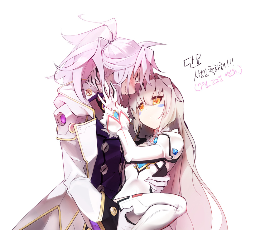 1boy add_(elsword) bad_id bad_pixiv_id blush carrying coat code:_battle_seraph_(elsword) couple elsword eve_(elsword) facial_mark female gem gloves high_ponytail highres korean_text long_hair mastermind_(elsword) ponytail quai_(hbee) straight sweat tattoo thighhighs translation_request wavy_mouth white_background white_gloves white_hair white_legwear yellow_eyes