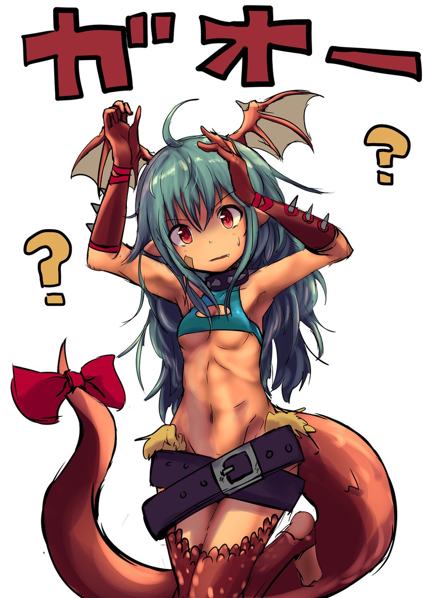 belt beltskirt blue_hair bottomless breasts cleavage collar crop_top dragon_girl dragon_tail female female halter_top head_wings long_hair midriff monster_girl mound_of_venus navel oerba_yun_fang pointy_ears simple_background solo standing tail tail_bow tenteco_(covamin) underboob white_background