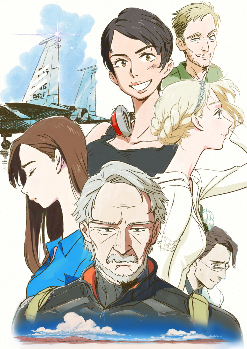 3boys 3girls absurdres ace_combat ace_combat_7 aircraft airplane avril_mead beard blonde_hair blue_eyes blue_sky brown_eyes brown_hair closed_eyes cloud collarbone commentary f-15_eagle facial_hair fighter_jet glasses grey_hair hair_ornament headphones highres ionela_a_shilage ishida_hiroyasu jet long_hair looking_at_viewer mihaly_a_shilage military military_vehicle mountain moustache multiple_boys multiple_girls old old_man pilot_suit profile rosa_cossette_d'elise schroeder_(ace_combat_7) science_fiction short_hair sky smile tabloid_(ace_combat_7) tank_top tiara trigger_(ace_combat)