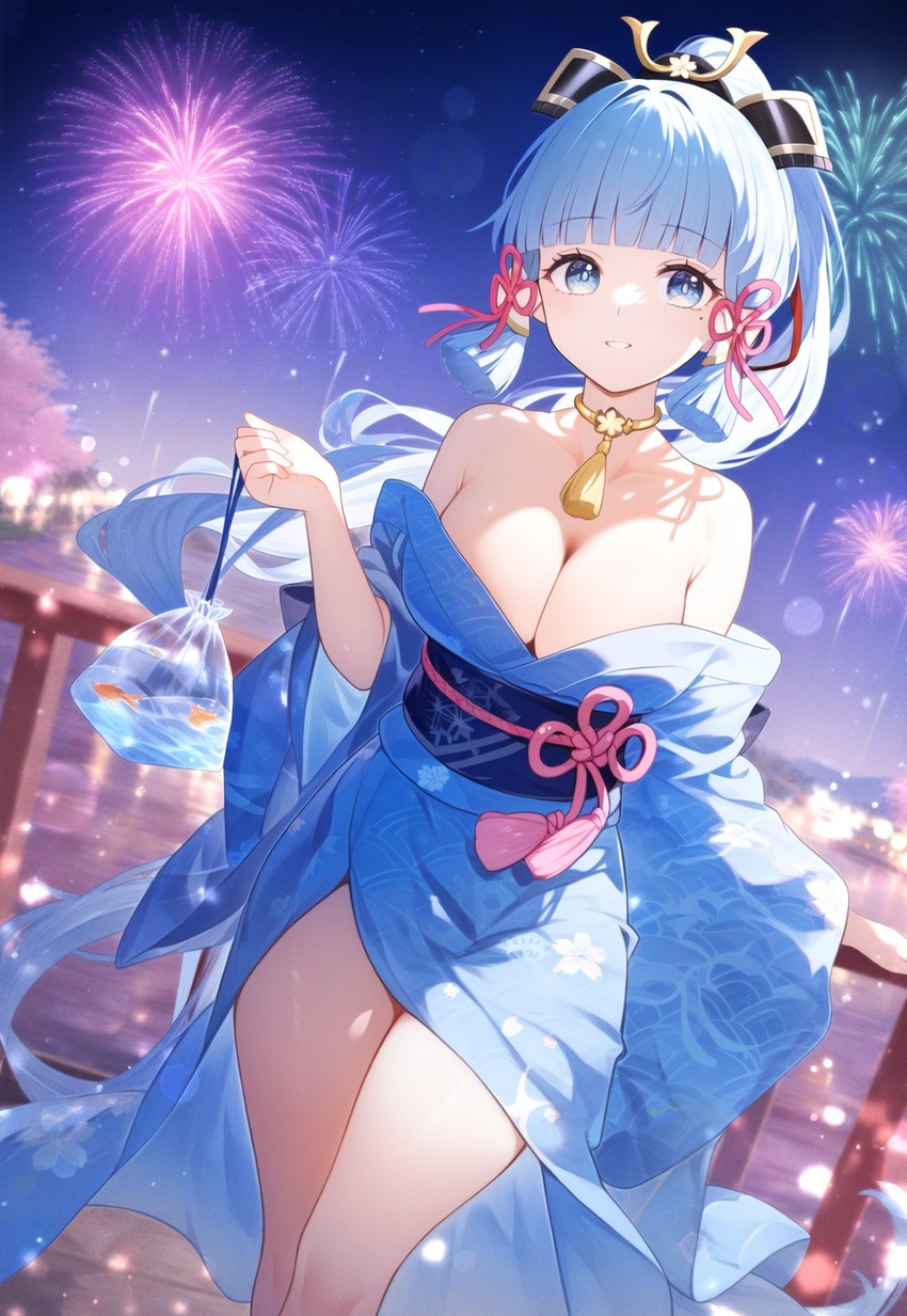 1girls ai_generated blue_eyes blue_hair female female_focus female_only genshin_impact holding holding_object kamisato_ayaka kimono kimono_down kimono_only kimono_open large_breasts light-skinned_female light_skin long_hair looking_at_viewer ponytail revealing revealing_clothes revealing_outfit setsuaiart setsumanga smile smiling smiling_at_viewer tagme thick_thighs wide_hips