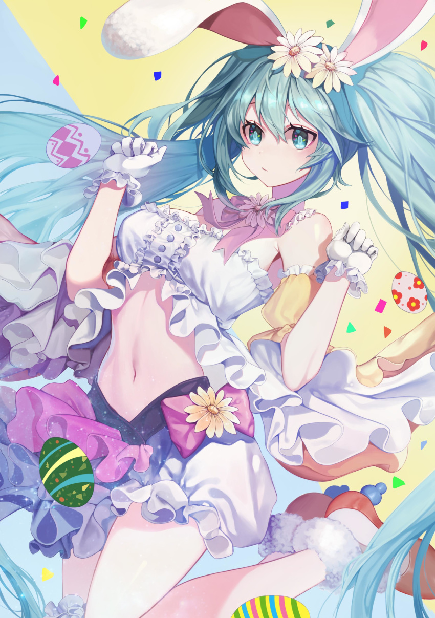 absurdres animal_ears aqua_eyes aqua_hair bow bowtie breasts bright_pupils chicken_(dalg-idalg) commentary_request confetti daisy detached_collar detached_sleeves easter easter_egg egg female flower frilled_gloves frills fur-trimmed_footwear fur_trim gloves hair_flower hair_ornament hatsune_miku highres jumping korean_commentary long_hair medium_breasts midriff navel photoshop_(medium) pink_bow pink_bowtie puffy_detached_sleeves puffy_short_sleeves puffy_sleeves rabbit_ears red_footwear short_sleeves solo strapless taito_four_seasons_figure_(vocaloid) tube_top twintails very_long_hair vocaloid w_arms white_gloves white_tube_top wide_sleeves