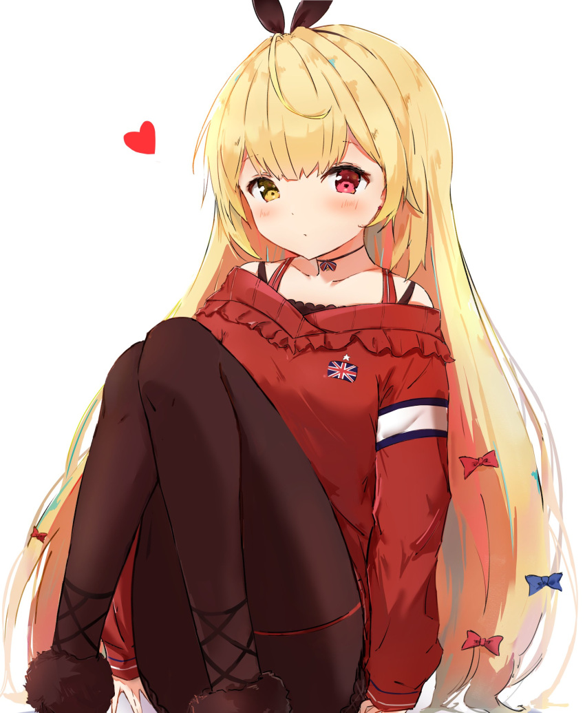 absurdres black_pantyhose blonde_hair blush bow closed_mouth commentary female fujimaki_nora fur_trim hair_between_eyes hairbow heart heterochromia highres hoshikawa_sara hoshikawa_sara_(2nd_costume) long_hair long_sleeves looking_at_viewer nijisanji pantyhose red_eyes red_shirt shirt simple_background sitting solo union_jack very_long_hair virtual_youtuber white_background yellow_eyes