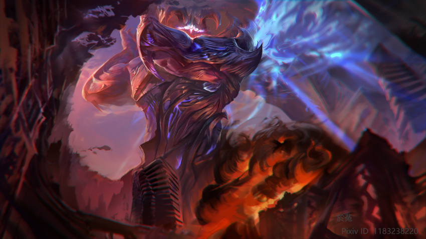 1boy aatrox absurdres armor arms_up character_request check_character fire from_below glowing highres horns league_of_legends looking_down male_focus muscular muscular_male solo standing translated wings wutu_(1183238220)