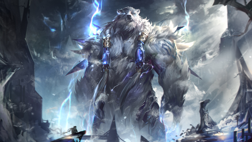 1boy 1other absurdres armor bear_boy claws cloud cowboy_shot furry furry_male giant glowing glowing_eye highres league_of_legends lightning male_focus outdoors snowing storm tattoo teeth volibear white_eyes white_fur wutu_(1183238220)