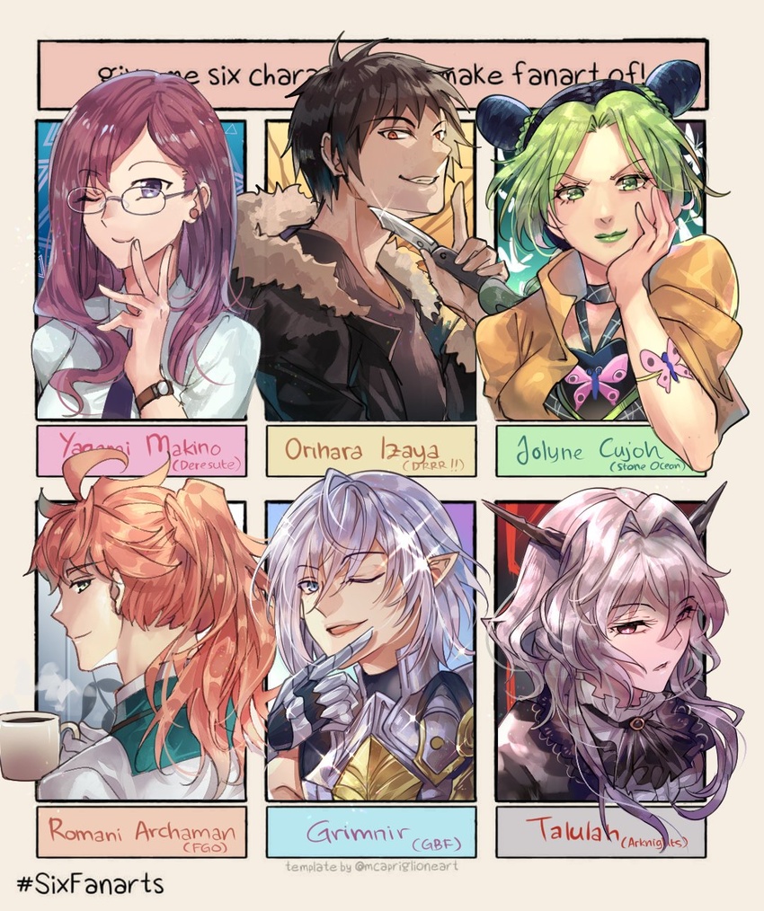 3boys 3girls arknights armor black_hair blue_eyes braid braided_bun braided_ponytail brown_eyes brown_hair brown_jacket character_name commentary copyright_name cup double_bun durarara!! english_commentary english_text fate/grand_order fate_(series) gauntlets glasses granblue_fantasy green_eyes green_hair green_lips grey_hair grimnir_(granblue_fantasy) grin hair_bun head_rest highres horns idolmaster idolmaster_cinderella_girls jacket jojo_no_kimyou_na_bouken knife kujo_jolyne mug multiple_boys multiple_drawing_challenge multiple_girls necktie one_eye_closed orange_hair orihara_izaya pointy_ears ponytail romani_archaman sagta_panggang six_fanarts_challenge smile steam stone_ocean switchblade talulah_(arknights) tattoo watch wristwatch yagami_makino