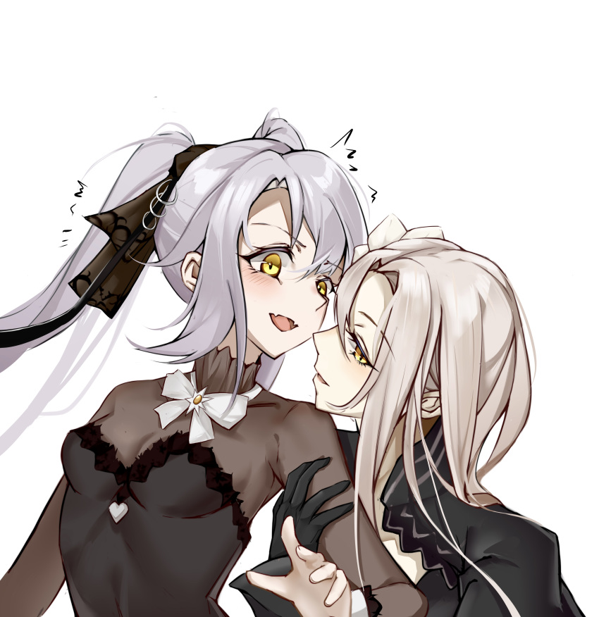 2girls absurdres arm_hug aug_(girls'_frontline) aug_para_(girls'_frontline) black_dress black_gloves blonde_hair blush bow bowtie breasts dress girls'_frontline gloves grey_hair hair_between_eyes hair_ribbon highres long_hair looking_at_another looking_at_viewer medium_breasts multiple_girls open_mouth priest77 ribbon twintails white_background white_bow white_bowtie white_hair yellow_eyes