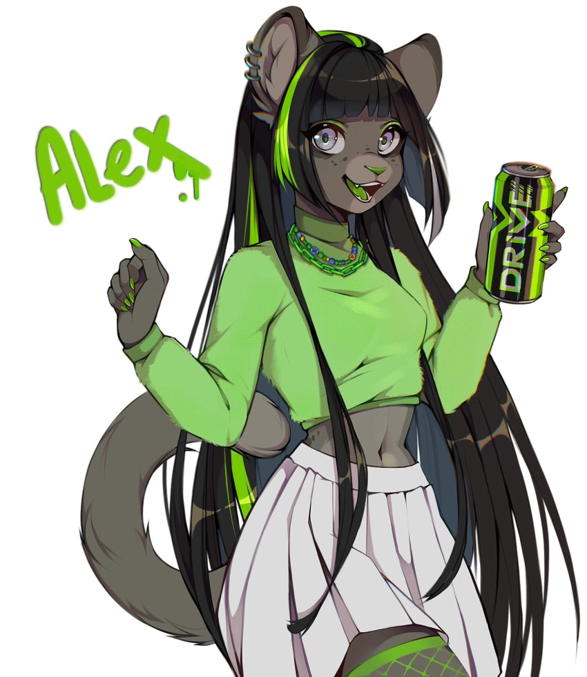 2023 alex_(iivochka) alternative_fashion anthro bangs beverage beverage_can biped black_hair bottomwear character_name clothing colored_nails countershade_face countershade_torso countershading crop_sweater digital_media_(artwork) drive_(energy_drink) ear_piercing ear_ring eyelashes eyeshadow felid feline female fingernails fishnet_clothing fishnet_legwear green_clothing green_eyeshadow green_fingernails green_highlights green_legwear green_nails green_nose green_sweater green_tongue green_topwear grey_eyes hair hi_res highlights_(coloring) holding_beverage holding_object iivochka jewelry legwear long_hair long_sleeves makeup mammal midriff nails navel necklace open_mouth piercing pleated_skirt portrait ring_piercing shaded simple_background skirt solo standing streetwear sweater tail teeth three-quarter_portrait tongue topwear white_background white_bottomwear white_clothing white_skirt