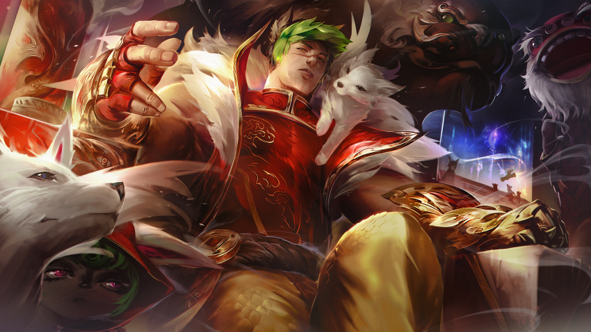 1boy 2girls absurdres animal chinese_clothes closed_mouth dragon fingerless_gloves firecracker_sett fur_trim gloves green_hair hand_up highres hood hood_up league_of_legends looking_at_viewer multiple_girls on_shoulder orange_pants pants red_gloves scar scar_on_face sett_(league_of_legends) short_hair sitting solo_focus vex_(league_of_legends) wutu_(1183238220) xayah yordle