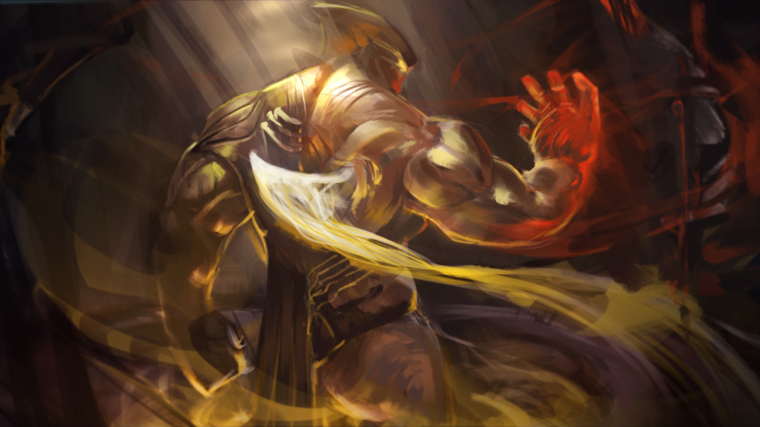 1boy aatrox character_request cowboy_shot from_behind hand_up helm helmet highres league_of_legends male_focus muscular muscular_male shiny solo wutu_(1183238220)