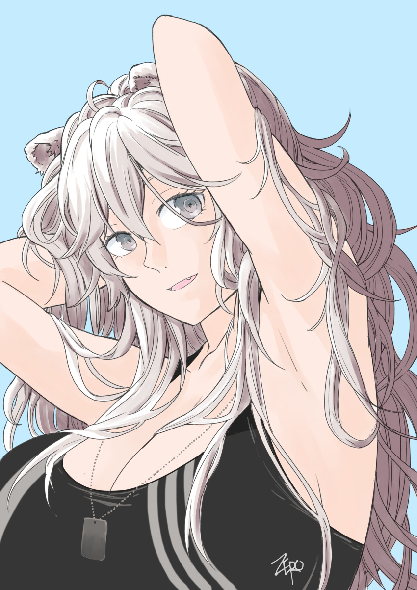 absurdres animal_ears armpits arms_behind_head black_sports_bra blue_background breasts cleavage collarbone dog_tags ear_piercing female grey_eyes grey_hair hair_between_eyes highres hololive large_breasts lion_ears lion_girl long_hair looking_at_viewer messy_hair oerba_yun_fang official_alternate_costume parted_lips piercing shishiro_botan shishiro_botan_(button-down) sidelocks signature simple_background smile solo sports_bra striped striped_sports_bra vertical-striped_sports_bra virtual_youtuber zero_(muftisaili)