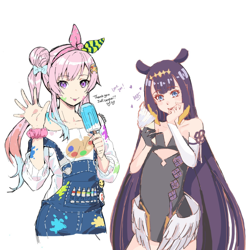 2girls airani_iofifteen airani_iofifteen_(1st_costume) airani_iofifteen_(artist) black_hair blue_eyes collaboration english_commentary english_text flat_chest food highres hololive hololive_english hololive_indonesia ice_cream long_hair looking_at_viewer multiple_girls ninomae_ina'nis ninomae_ina'nis_(1st_costume) ninomae_ina'nis_(artist) overall_shorts overalls pink_hair popsicle side_ponytail tentacle_hair tongue tongue_out very_long_hair virtual_youtuber waving