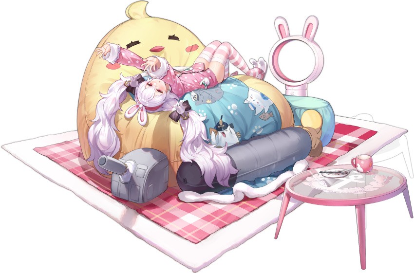 animal_ears animal_print animal_slippers azur_lane azur_lane:_slow_ahead bladeless_fan bunny_slippers electric_fan fake_animal_ears female glass_table highres kaede_(yumesaki_kaede) laffey_(azur_lane) laffey_(sleep_to_clean_another_day)_(azur_lane) long_hair looking_at_viewer lying manjuu_(azur_lane) meowfficer_(azur_lane) official_alternate_costume official_art on_back on_bed pink_hair pink_shirt rabbit_ears red_eyes round_table shirt slippers solo striped_clothes striped_thighhighs table thighhighs torpedo transparent_background twintails very_long_hair