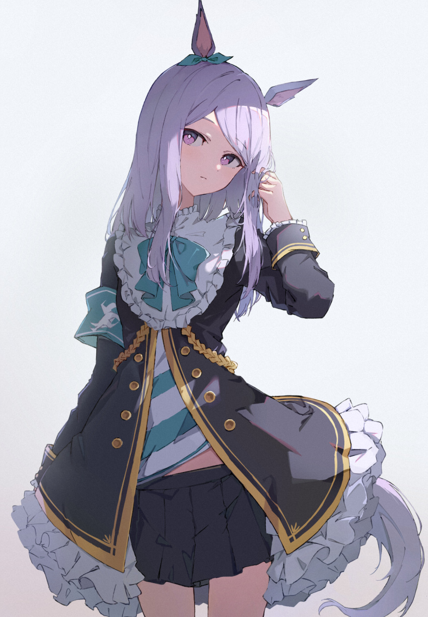 animal_ears armband black_coat black_skirt blue_neckwear closed_mouth coat female frilled_coat frills fujimaki_nora grey_background highres horse_ears horse_girl horse_tail long_hair long_sleeves mejiro_mcqueen_(umamusume) pleated_skirt purple_eyes purple_hair ribbon shirt simple_background skirt solo striped_clothes striped_shirt tail twirling_hair umamusume