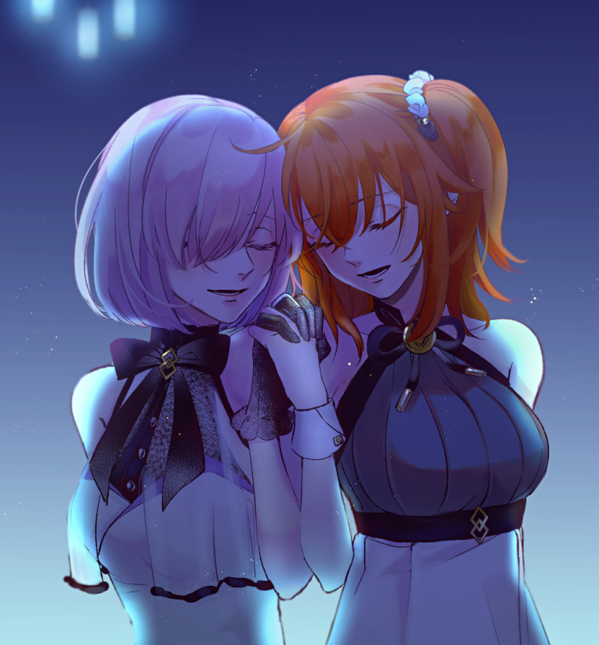 2girls arm_behind_back bad_id bad_pixiv_id black_gloves black_ribbon blue_background closed_eyes dress fate/grand_order fate/grand_order_waltz_in_the_moonlight/lostroom fate_(series) fujimaru_ritsuka_(female) fujimaru_ritsuka_(female)_(waltz_in_the_moonlight/lostroom) gloves grey_hair grey_shirt hair_between_eyes hair_over_one_eye high-waist_skirt holding_hands interlocked_fingers long_hair mash_kyrielight mash_kyrielight_(under_the_same_sky) multiple_girls neck_ribbon official_alternate_costume orange_hair redrabbit44 ribbon shirt short_hair skirt sleeveless sleeveless_dress sleeveless_shirt upper_body white_dress white_skirt wrist_cuffs yuri