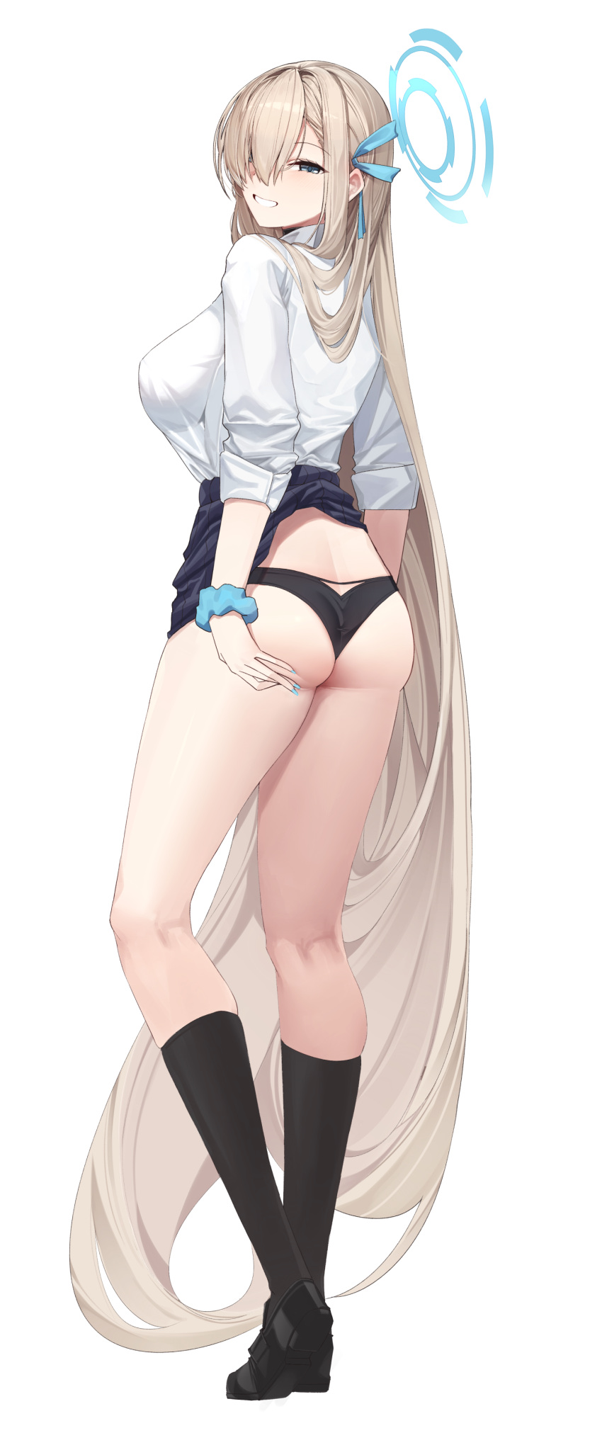 absurdly_long_hair absurdres ass asuna_(blue_archive) asymmetrical_bangs bad_id bad_pixiv_id black_panties blue_archive blue_eyes blush breasts clothes_pull female from_behind hair_over_one_eye hair_ribbon halo highres kneehighs large_breasts legs light_brown_hair long_hair long_sleeves looking_at_viewer md5_mismatch mung_(larnec) nail_polish panties pleated_skirt resolution_mismatch ribbon school_uniform skirt skirt_pull smile socks solo source_larger thighs underwear very_long_hair white_background