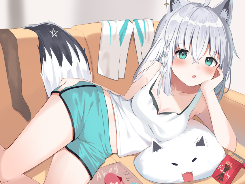 ahoge alternate_costume animal_ear_fluff animal_ears blue_shorts blush braid brand_name_imitation breasts cleavage collarbone commentary_request couch dolphin_shorts ear_piercing female food fox_ears fox_girl fox_tail fubuzilla_(shirakami_fubuki) green_eyes hair_between_eyes hololive houshou_marine long_hair lying medium_breasts mizuki_ryuu on_couch on_side parted_lips piercing pocky shirakami_fubuki short_shorts shorts side_braid solo tail tank_top virtual_youtuber white_hair white_tank_top