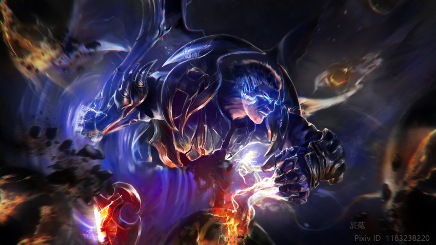 1boy alternate_costume armor blue_eyes darius_(league_of_legends) from_side gauntlets glowing glowing_eyes highres holding holding_weapon league_of_legends magic male_focus short_hair solo space translated weapon wutu_(1183238220)