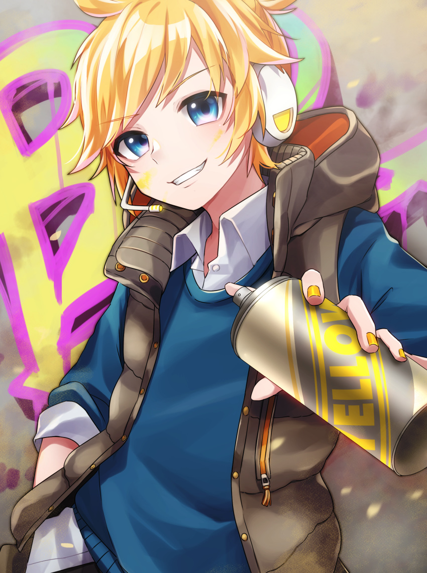 1boy absurdres blonde_hair blue_eyes blue_sweater buttons collared_shirt commentary commission cowboy_shot dress_shirt graffiti grin headphones highres hood hooded_jacket jacket kagamine_len long_sleeves male_focus microphone nail_polish paint_splatter paint_splatter_on_face project_sekai shirt short_hair sidelocks skeb_commission sleeveless sleeveless_jacket smile soramame_pikuto spray_can sweater vivid_bad_squad_(project_sekai) vivid_bad_squad_len vocaloid white_shirt yellow_nails zipper