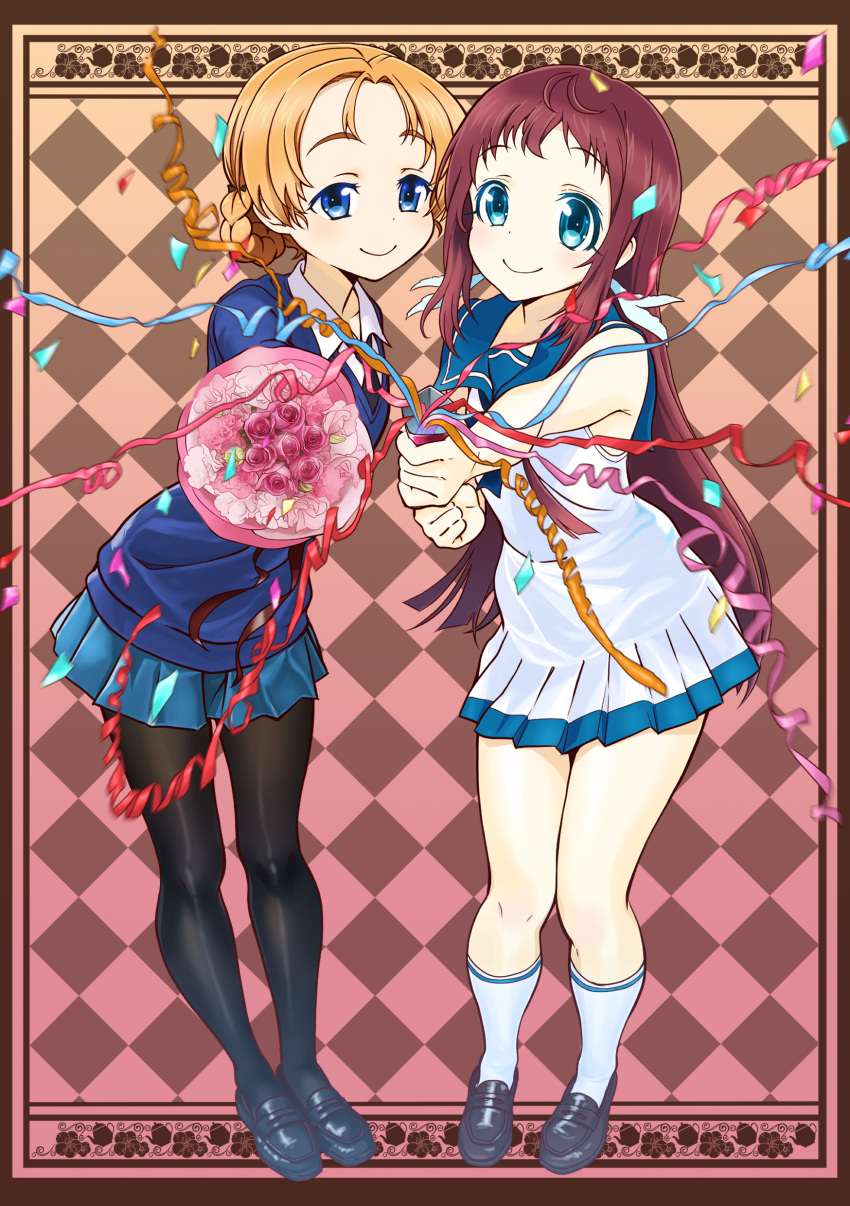 2girls absurdres black_bow black_legwear blue_eyes blue_sailor_collar blue_sweater bouquet bow braid brown_hair checkered_background crossover dress full_body girls_und_panzer hairbow highres long_hair looking_at_viewer mukaido_manaka multiple_girls nagi_no_asukara nami_junior_high_school_uniform orange_hair orange_pekoe_(girls_und_panzer) pantyhose parted_bangs party_popper pp_bj sailor_collar sailor_dress school_uniform short_hair sleeveless sleeveless_dress st._gloriana's_school_uniform standing sweater tied_hair twin_braids white_dress