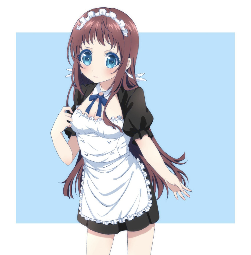 alternate_costume apron black_skirt blue_eyes bodice breasts brown_hair enmaided female frilled_apron frills highres leaning_forward long_hair maid maid_headdress mukaido_manaka nagi_no_asukara nisaka_ooo pleated_skirt puffy_short_sleeves puffy_sleeves short_sleeves skirt small_breasts smile solo standing white_apron