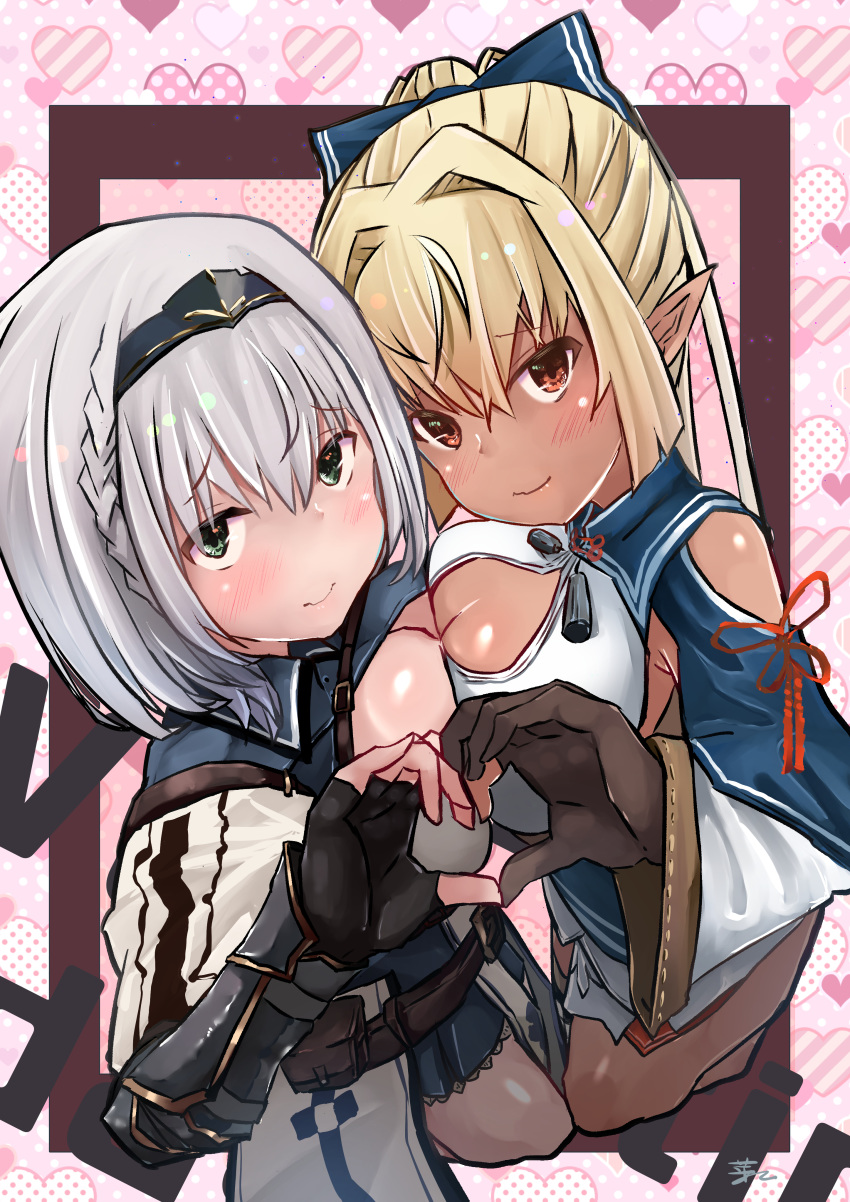 2girls absurdres bad_id bad_pixiv_id bare_shoulders black_gloves blonde_hair blush braid breast_press breasts brown_gloves cleavage cleavage_cutout closed_mouth clothing_cutout commentary_request dark-skinned_female dark_skin elf fingerless_gloves gloves green_eyes grey_hair hair_between_eyes heart heart_hands heart_hands_duo highres hololive knees_together_feet_apart long_hair looking_at_viewer medium_hair memeno_kei multiple_girls partially_fingerless_gloves pointy_ears red_eyes shiranui_flare shiranui_flare_(old_design) shirogane_noel shirogane_noel_(1st_costume) shoulder_cutout signature smile symmetrical_docking tiara virtual_youtuber wrist_guards