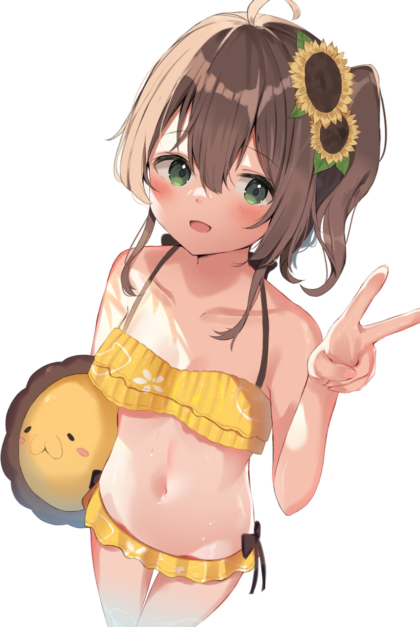 :d ahoge bare_arms bare_shoulders bikini blush brown_hair collarbone commentary_request female flower green_eyes hair_between_eyes hair_flower hair_ornament hand_up highres hololive looking_at_viewer mizuki_ryuu natsuiro_matsuri natsuiro_matsuri_(hololive_summer_2019) navel one_side_up open_mouth simple_background smile solo standing swimsuit virtual_youtuber white_background yellow_bikini yellow_flower