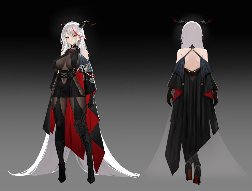 absurdly_long_hair absurdres aegir_(azur_lane) ass asymmetrical_footwear azur_lane bare_back bare_shoulders black_cape black_footwear black_gloves bodystocking boots breast_curtains breasts cape commentary_request covered_navel cross cross-laced_clothes demon_girl demon_horns earrings female gloves high_heel_boots high_heels highres horns iron_cross jewelry knee_boots large_breasts long_hair multiple_views red_hair reference_sheet skindentation thigh_gap thong underbust uneven_footwear very_long_hair white_hair yellow_eyes yunsang