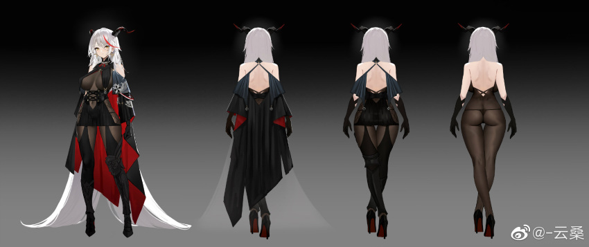 absurdly_long_hair aegir_(azur_lane) ass asymmetrical_footwear azur_lane bad_source bare_back bare_shoulders black_cape black_footwear black_gloves bodystocking boots breast_curtains breasts cape covered_navel cross cross-laced_clothes demon_girl demon_horns earrings female gloves high_heel_boots high_heels highres horns iron_cross jewelry knee_boots large_breasts long_hair multiple_views red_hair reference_sheet skindentation thigh_gap thong uneven_footwear very_long_hair weibo_logo weibo_watermark white_hair yellow_eyes yunsang