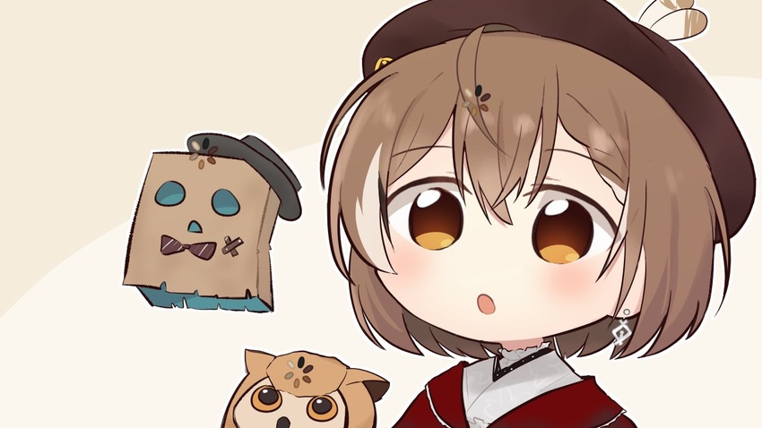 :o beret bird blush bow bowtie braid brown_eyes brown_hair buffering earrings feathers female friend_(nanashi_mumei) gyaheung hat hololive hololive_english hootsie_(nanashi_mumei) japanese_clothes jewelry kimono multicolored_hair nanashi_mumei nanashi_mumei_(new_year) official_alternate_costume owl red_shawl shawl simple_background single_earring streaked_hair top_hat virtual_youtuber white_kimono