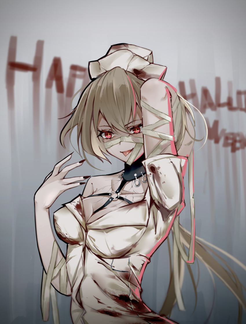 absurdres bandage_on_face bandaged_arm bandages breasts english_text female girls'_frontline hair_between_eyes halloween halloween_costume hand_in_own_hair hand_up happy_halloween hat highres kord_(dancer_in_the_dead_silence)_(girls'_frontline) kord_(girls'_frontline) light_brown_hair long_hair looking_at_viewer medium_breasts nail_polish nurse nurse_cap official_alternate_costume priest77 red_eyes simple_background solo tongue tongue_out