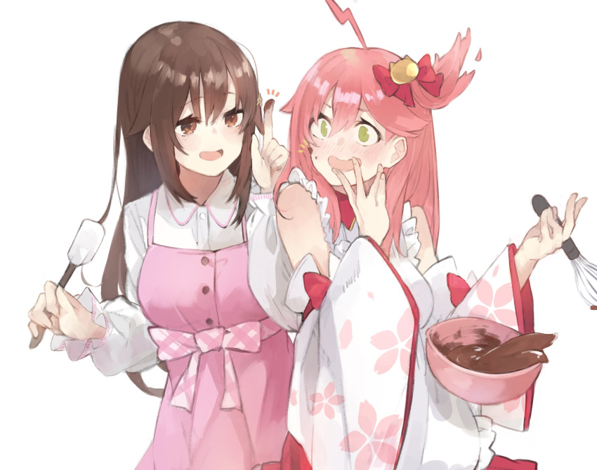 2girls absurdres ahoge alternate_costume apron bare_shoulders blush bowl brown_eyes brown_hair buttons cherry_blossom_print chocolate chocolate_making chocolate_on_hand commentary detached_sleeves floral_print food_on_hand frills green_eyes hair_ornament highres hololive kase_(kurimuzone_oruta) long_hair multiple_girls one_side_up open_mouth pink_hair sakura_miko sakura_miko_(1st_costume) sideless_kimono spilling surprised symbol-only_commentary tokino_sora virtual_youtuber whisk white_background wide_sleeves