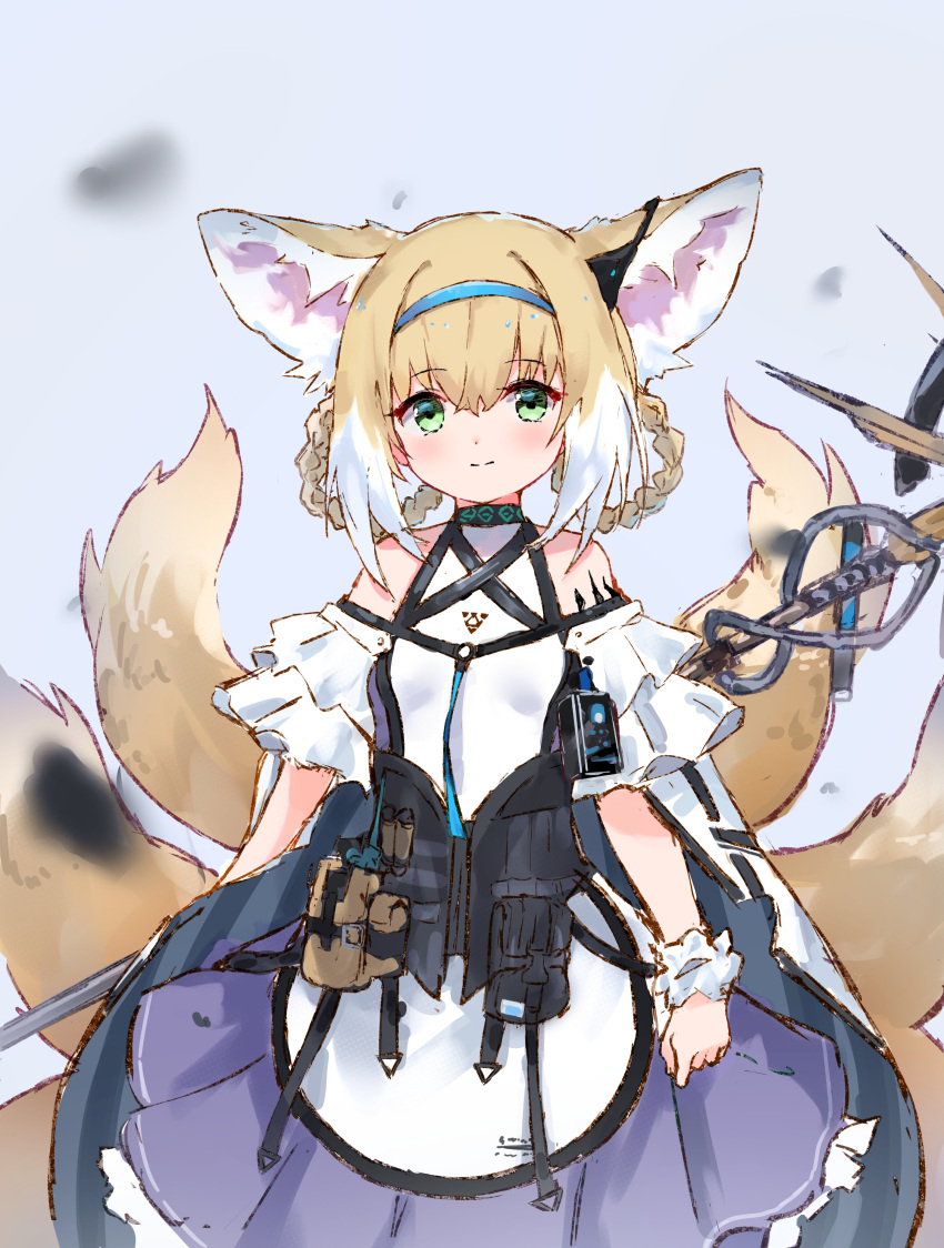 absurdres animal_ears arknights bad_id bad_twitter_id blonde_hair blue_background blue_hairband blush braid closed_mouth dress earpiece female fox_ears fox_girl fox_tail frills fujimaki_nora green_eyes hair_between_eyes hairband highres holding holding_staff infection_monitor_(arknights) kitsune kyuubi multicolored_hair multiple_tails short_hair sidelocks simple_background single_wrist_cuff solo staff suzuran_(arknights) tail white_hair wrist_cuffs