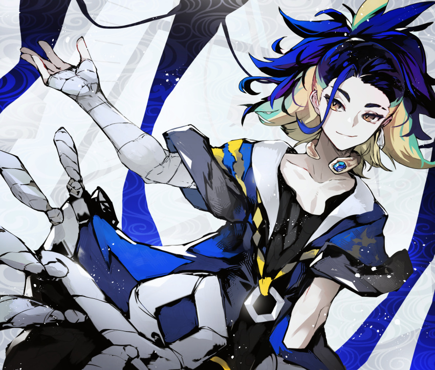 1boy adaman_(pokemon) arm_wrap blue_coat blue_hair brown_eyes closed_mouth coat collar collarbone commentary_request earrings eyebrow_cut green_hair highres jewelry kusakanmuri male_focus medium_hair neck_ring outstretched_arm pokemon pokemon_legends:_arceus smile solo