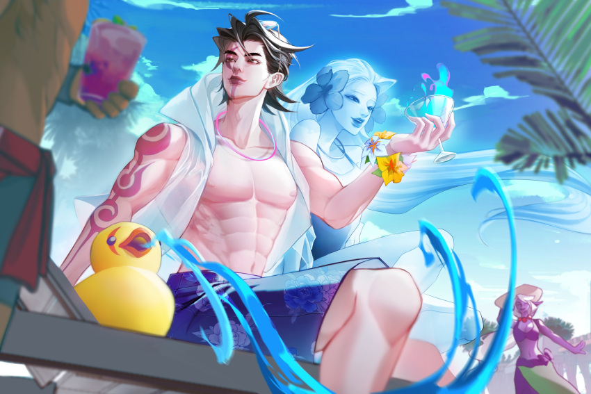 1boy 2girls abs alternate_costume alune_(league_of_legends) aphelios bare_arms bare_shoulders bikini black_hair blue_flower blue_male_swimwear breasts cleavage closed_mouth colored_skin facial_mark floral_print flower flower_bracelet ghost hair_flower hair_ornament hat highres holding jjolee large_breasts league_of_legends long_hair male_swimwear multiple_girls muscular muscular_male navel pink_skin purple_bikini short_hair shoulder_tattoo smile soraka_(league_of_legends) stomach sun_hat swimsuit tattoo very_long_hair white_hair