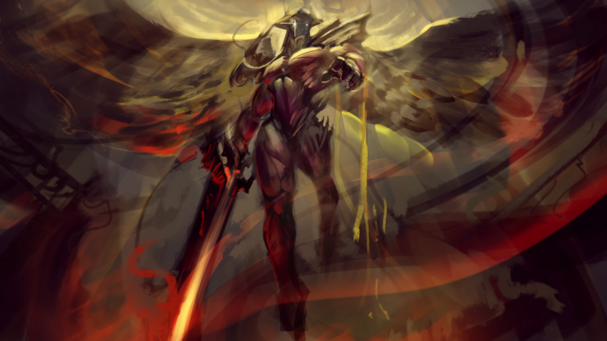 1boy aatrox armor flying glowing glowing_eyes gradient_background highres holding holding_sword holding_weapon league_of_legends male_focus muscular muscular_male solo sword weapon wings wutu_(1183238220)